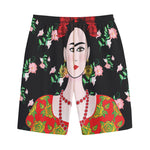 Frida Kahlo And Pink Flower Print Cotton Shorts