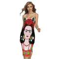 Frida Kahlo And Pink Flower Print Cross Back Cami Dress