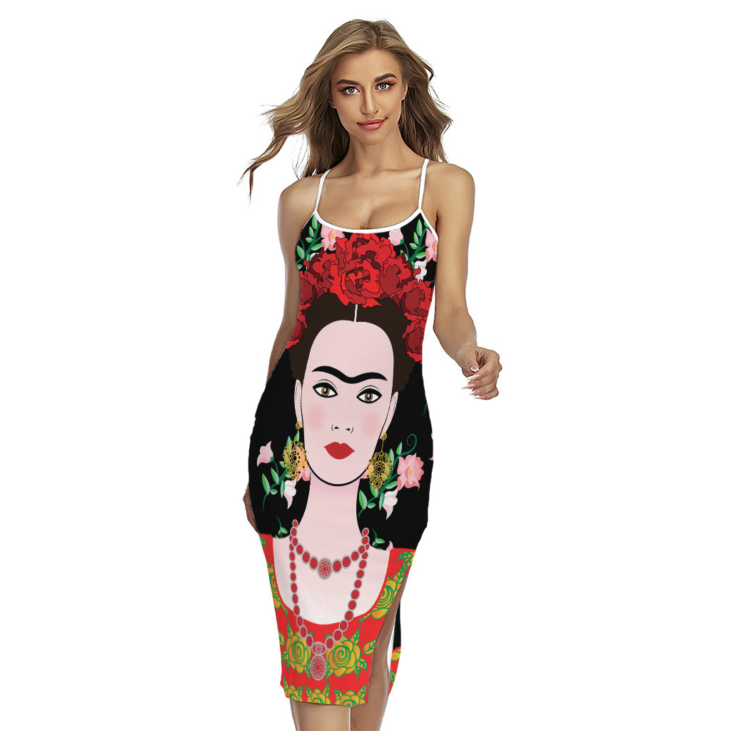 Frida Kahlo And Pink Flower Print Cross Back Cami Dress