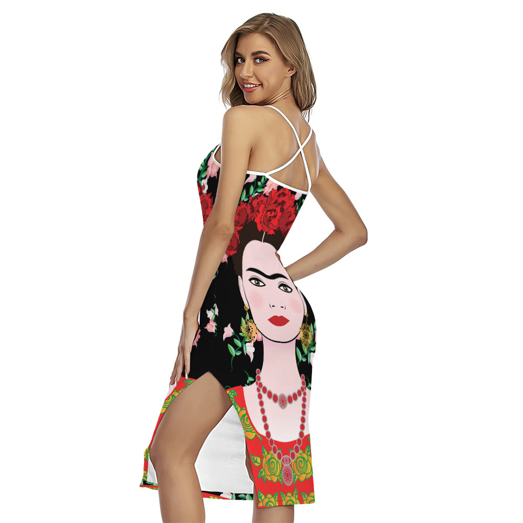 Frida Kahlo And Pink Flower Print Cross Back Cami Dress