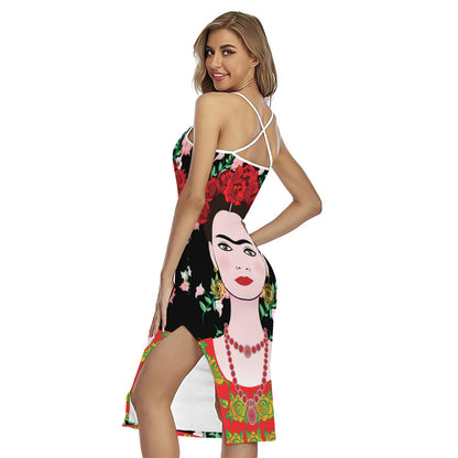 Frida Kahlo And Pink Flower Print Cross Back Cami Dress