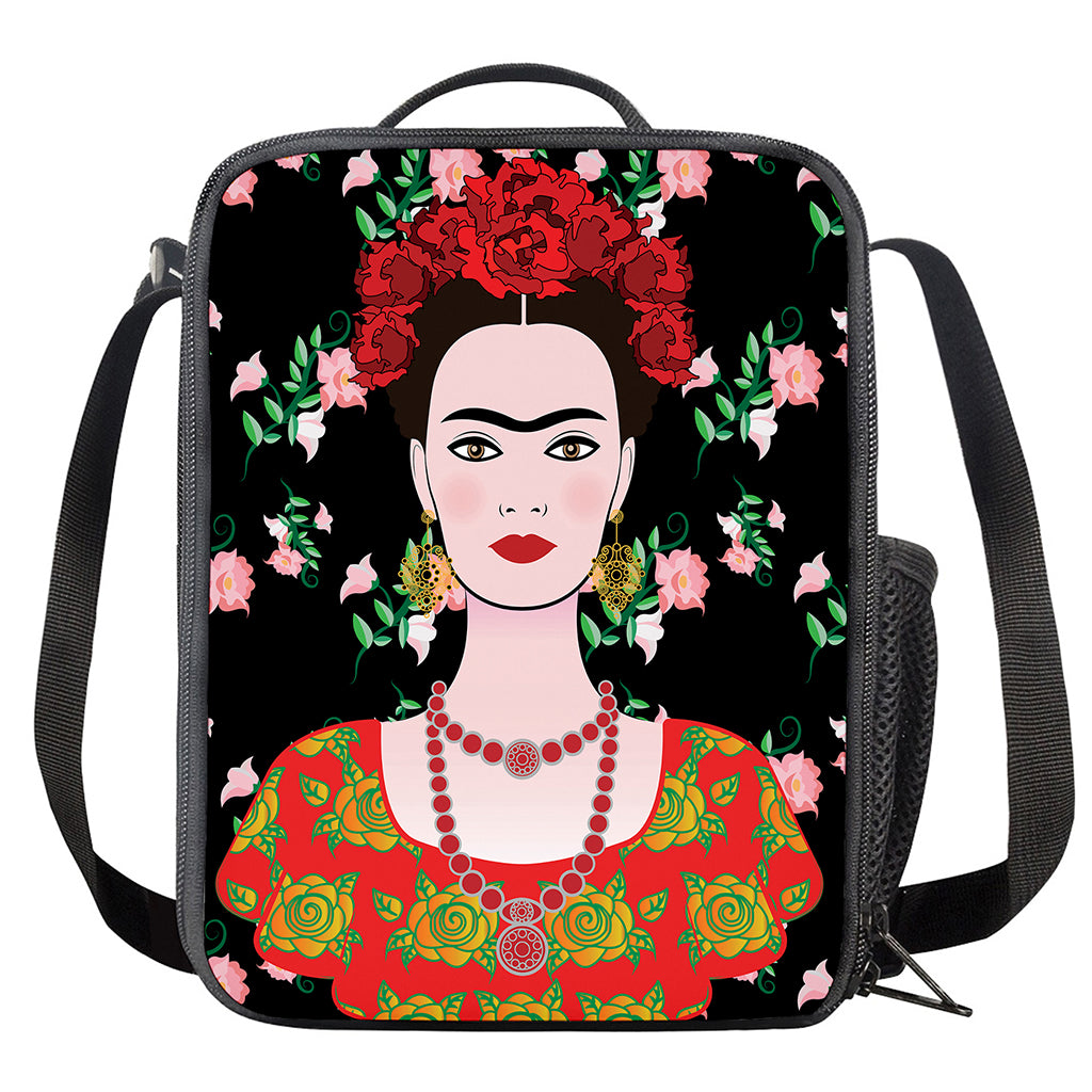 Frida Kahlo And Pink Flower Print Crossbody Lunch Bag
