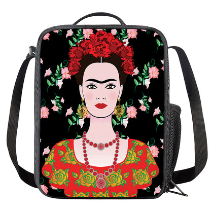 Frida Kahlo And Pink Flower Print Crossbody Lunch Bag