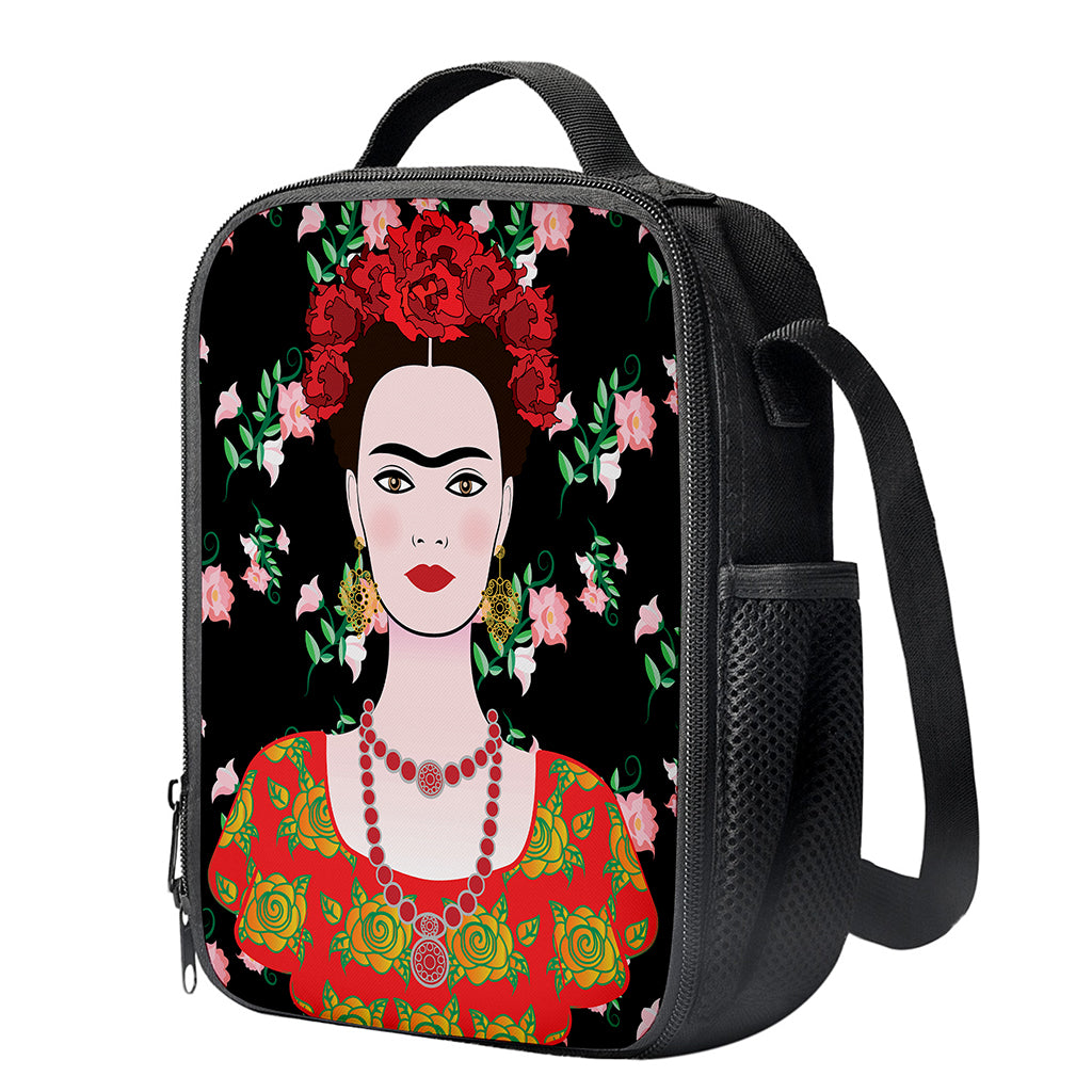 Frida Kahlo And Pink Flower Print Crossbody Lunch Bag