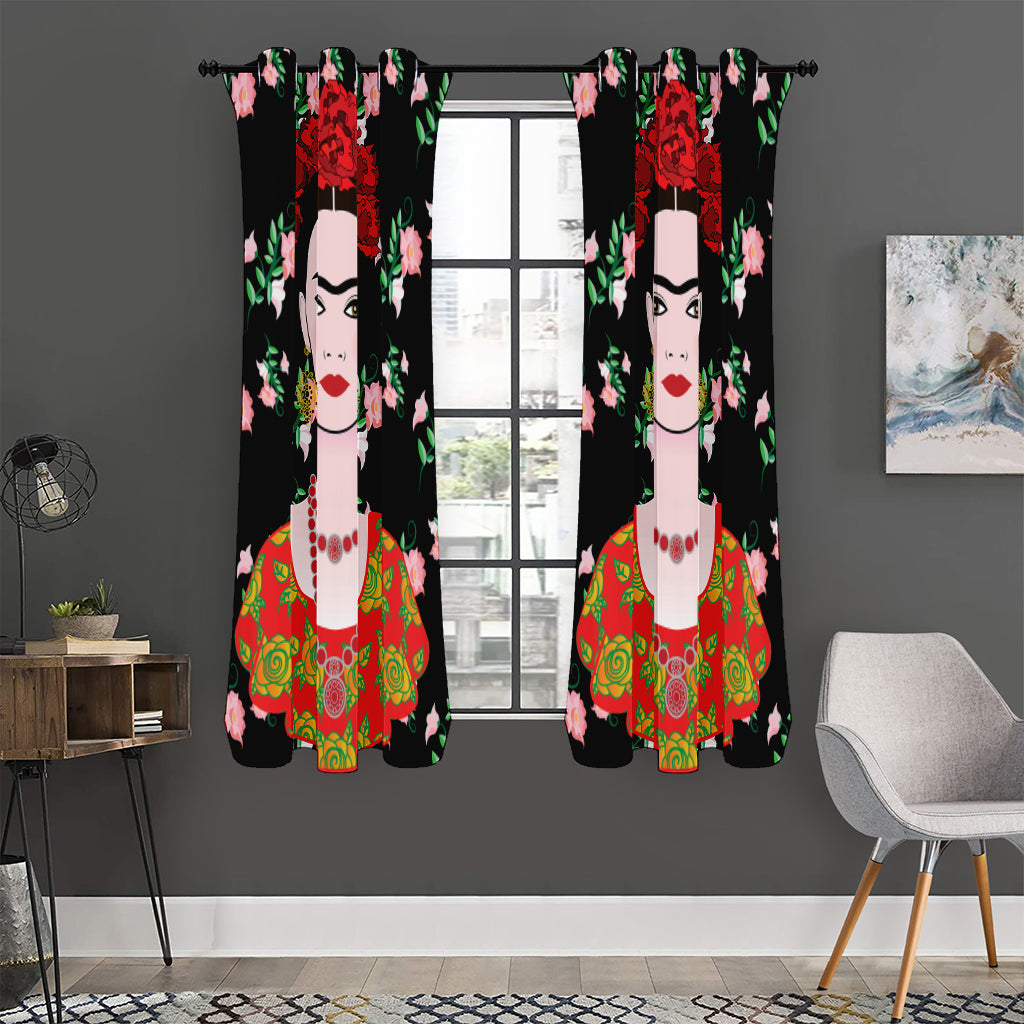 Frida Kahlo And Pink Flower Print Curtain