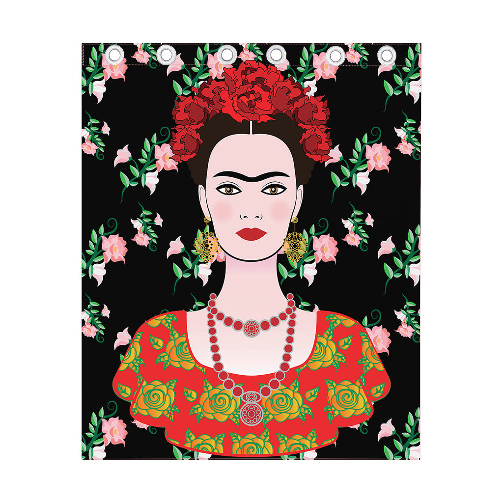 Frida Kahlo And Pink Flower Print Curtain