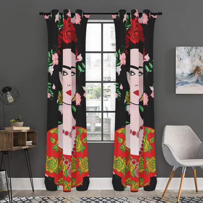 Frida Kahlo And Pink Flower Print Curtain