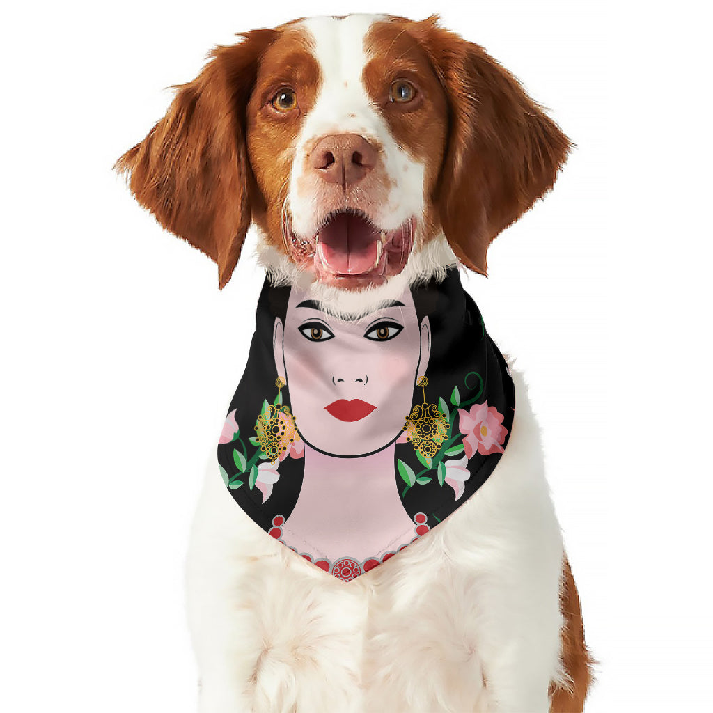 Frida Kahlo And Pink Flower Print Dog Bandana