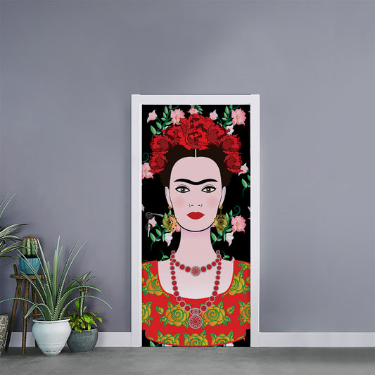 Frida Kahlo And Pink Flower Print Door Sticker