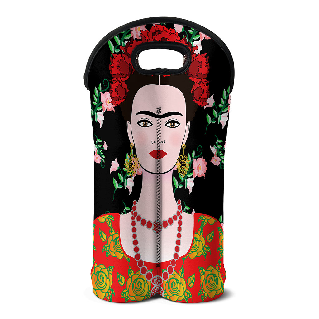 Frida Kahlo And Pink Flower Print Double Neoprene Wine Tote