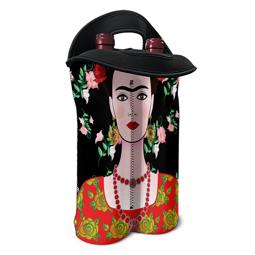 Frida Kahlo And Pink Flower Print Double Neoprene Wine Tote
