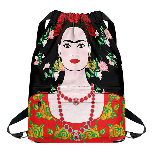 Frida Kahlo And Pink Flower Print Drawstring Backpack