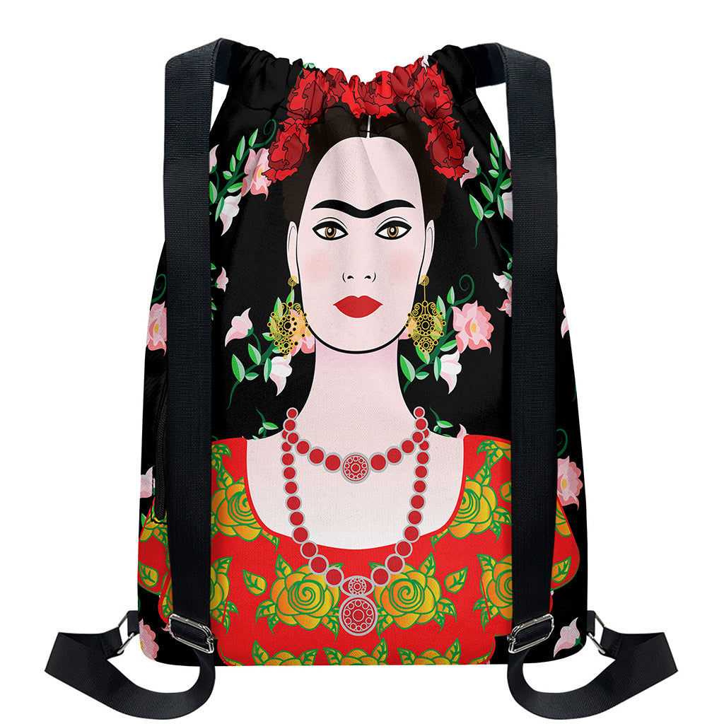 Frida Kahlo And Pink Flower Print Drawstring Backpack