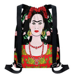 Frida Kahlo And Pink Flower Print Drawstring Backpack