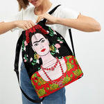 Frida Kahlo And Pink Flower Print Drawstring Backpack