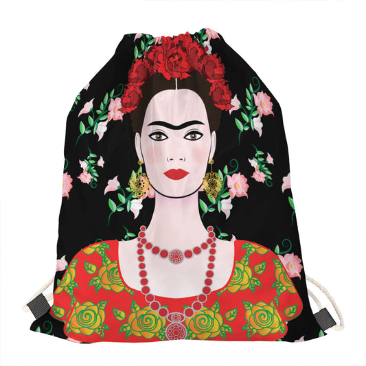 Frida Kahlo And Pink Flower Print Drawstring Bag