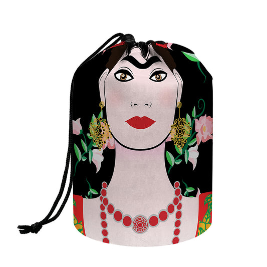 Frida Kahlo And Pink Flower Print Drawstring Makeup Bag