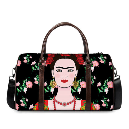 Frida Kahlo And Pink Flower Print Duffle Bag