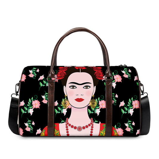 Frida Kahlo And Pink Flower Print Duffle Bag