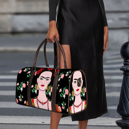 Frida Kahlo And Pink Flower Print Duffle Bag
