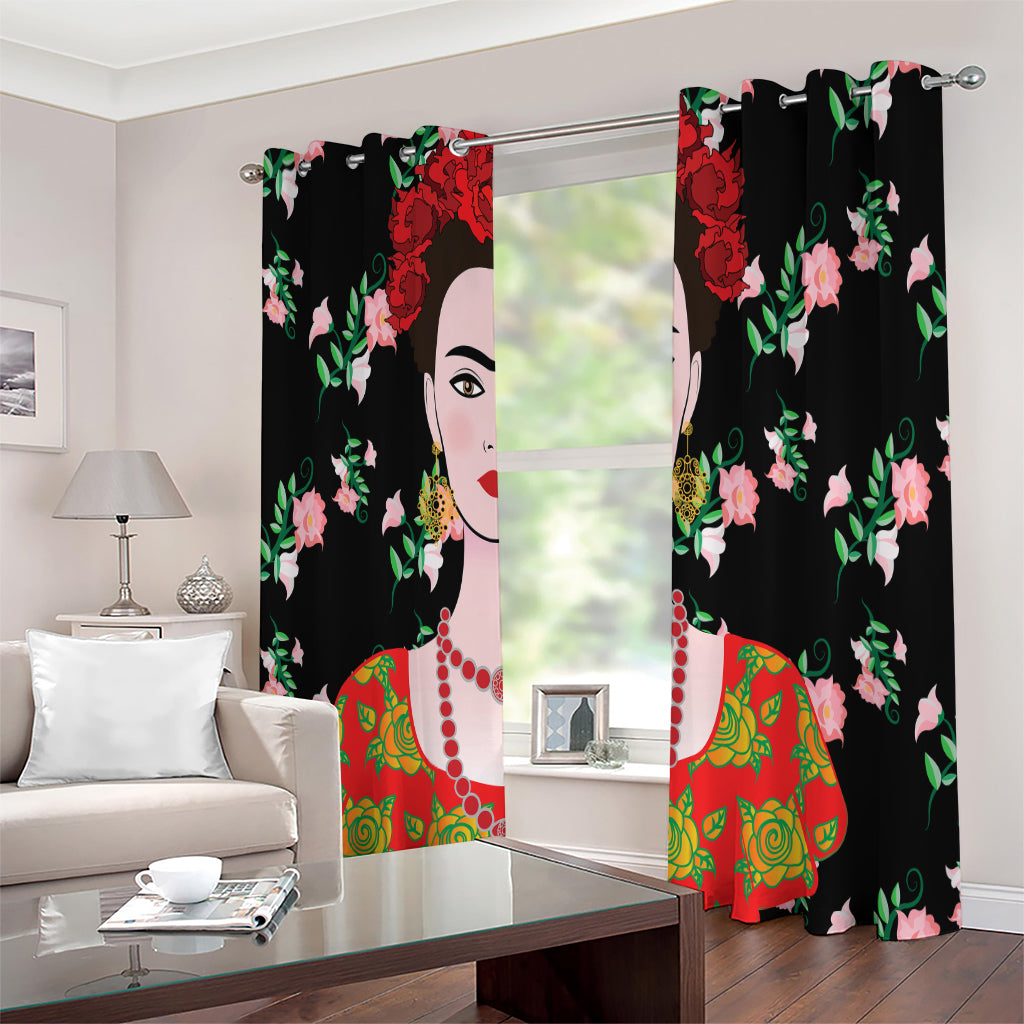 Frida Kahlo And Pink Flower Print Extra Wide Grommet Curtains