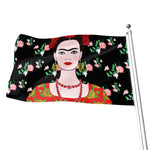 Frida Kahlo And Pink Flower Print Flag