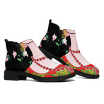 Frida Kahlo And Pink Flower Print Flat Ankle Boots