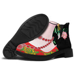 Frida Kahlo And Pink Flower Print Flat Ankle Boots