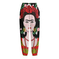 Frida Kahlo And Pink Flower Print Fleece Lined Knit Pants