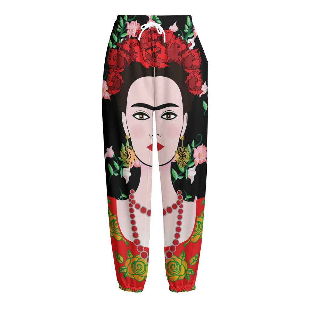 Frida Kahlo And Pink Flower Print Fleece Lined Knit Pants