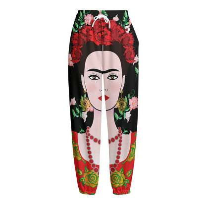 Frida Kahlo And Pink Flower Print Fleece Lined Knit Pants