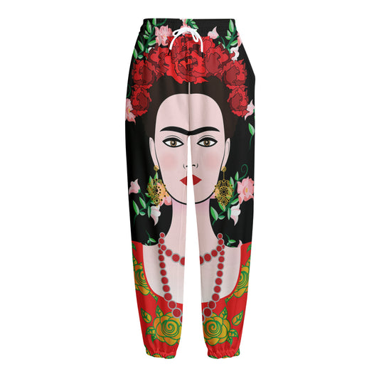 Frida Kahlo And Pink Flower Print Fleece Lined Knit Pants