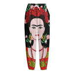 Frida Kahlo And Pink Flower Print Fleece Lined Knit Pants
