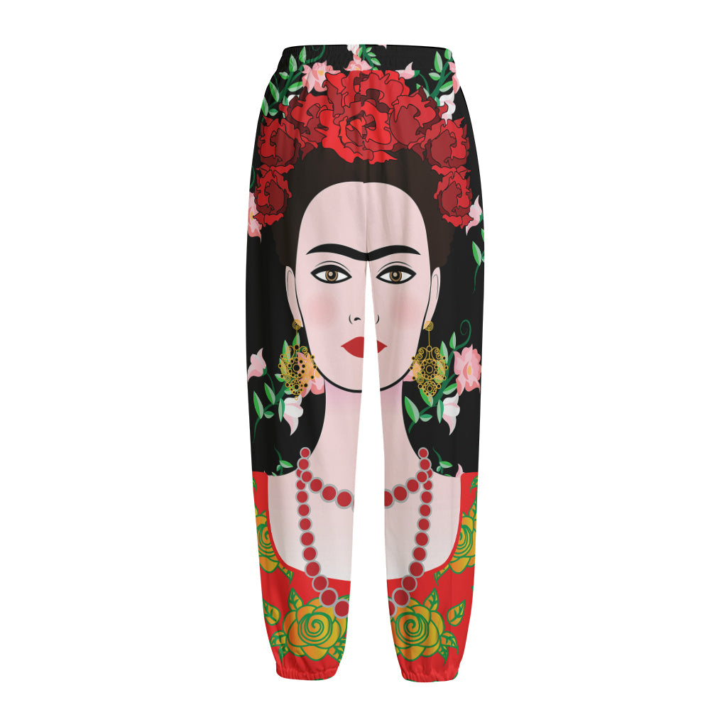 Frida Kahlo And Pink Flower Print Fleece Lined Knit Pants