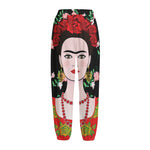 Frida Kahlo And Pink Flower Print Fleece Lined Knit Pants