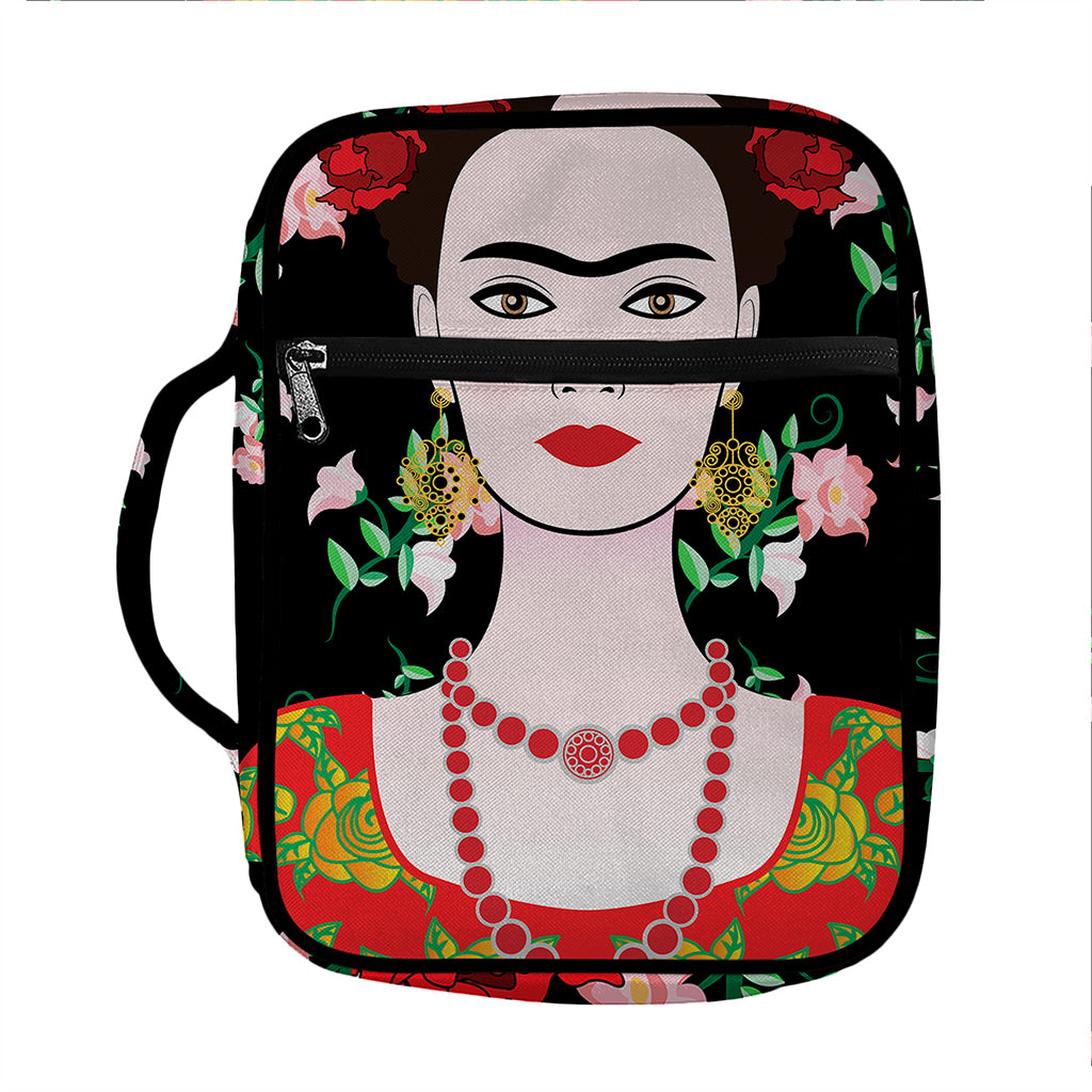 Frida Kahlo And Pink Flower Print Front Pocket Bible Bag