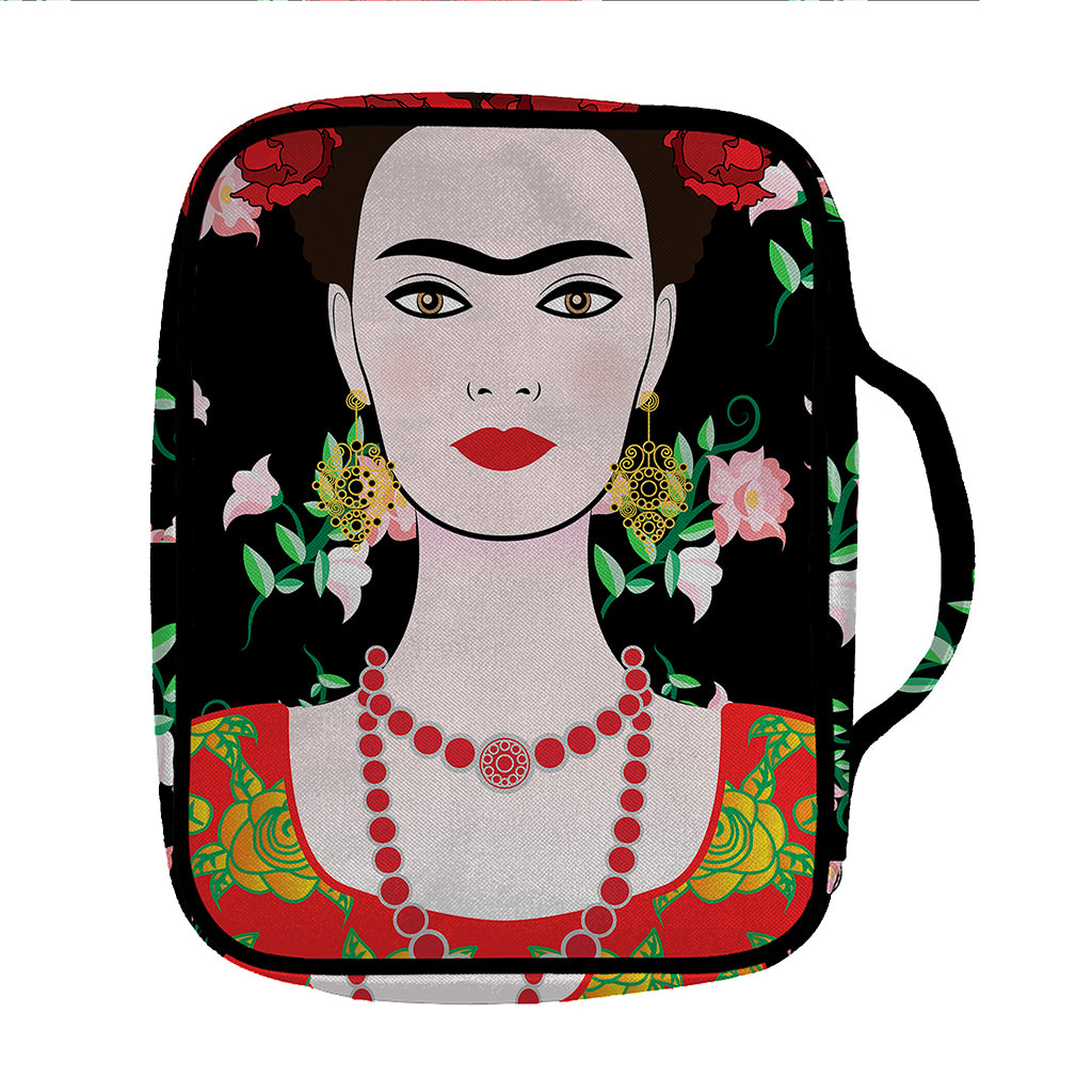 Frida Kahlo And Pink Flower Print Front Pocket Bible Bag