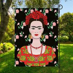 Frida Kahlo And Pink Flower Print Garden Flag