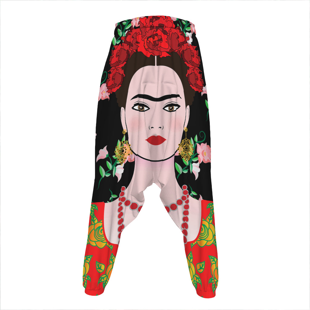 Frida Kahlo And Pink Flower Print Hammer Pants