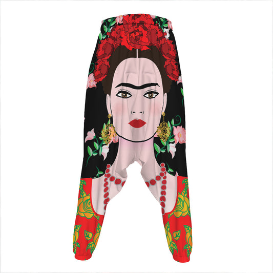 Frida Kahlo And Pink Flower Print Hammer Pants