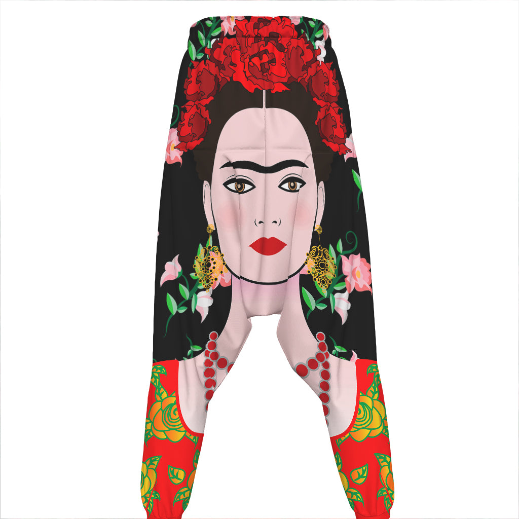 Frida Kahlo And Pink Flower Print Hammer Pants