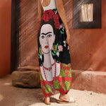 Frida Kahlo And Pink Flower Print Harem Pants