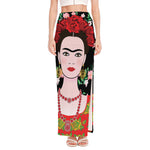 Frida Kahlo And Pink Flower Print High Slit Maxi Skirt