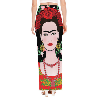 Frida Kahlo And Pink Flower Print High Slit Maxi Skirt