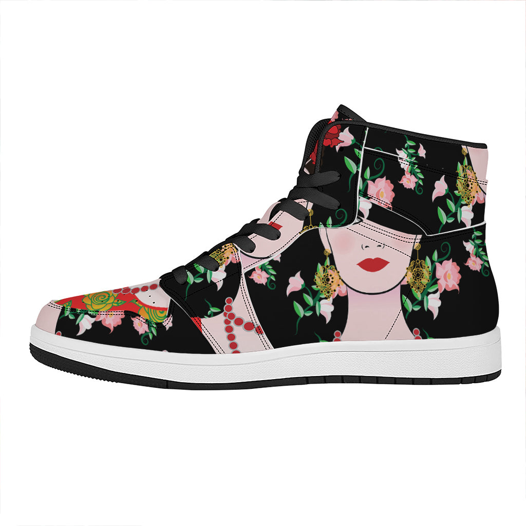 Frida Kahlo And Pink Flower Print High Top Leather Sneakers