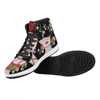 Frida Kahlo And Pink Flower Print High Top Leather Sneakers