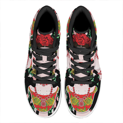 Frida Kahlo And Pink Flower Print High Top Leather Sneakers