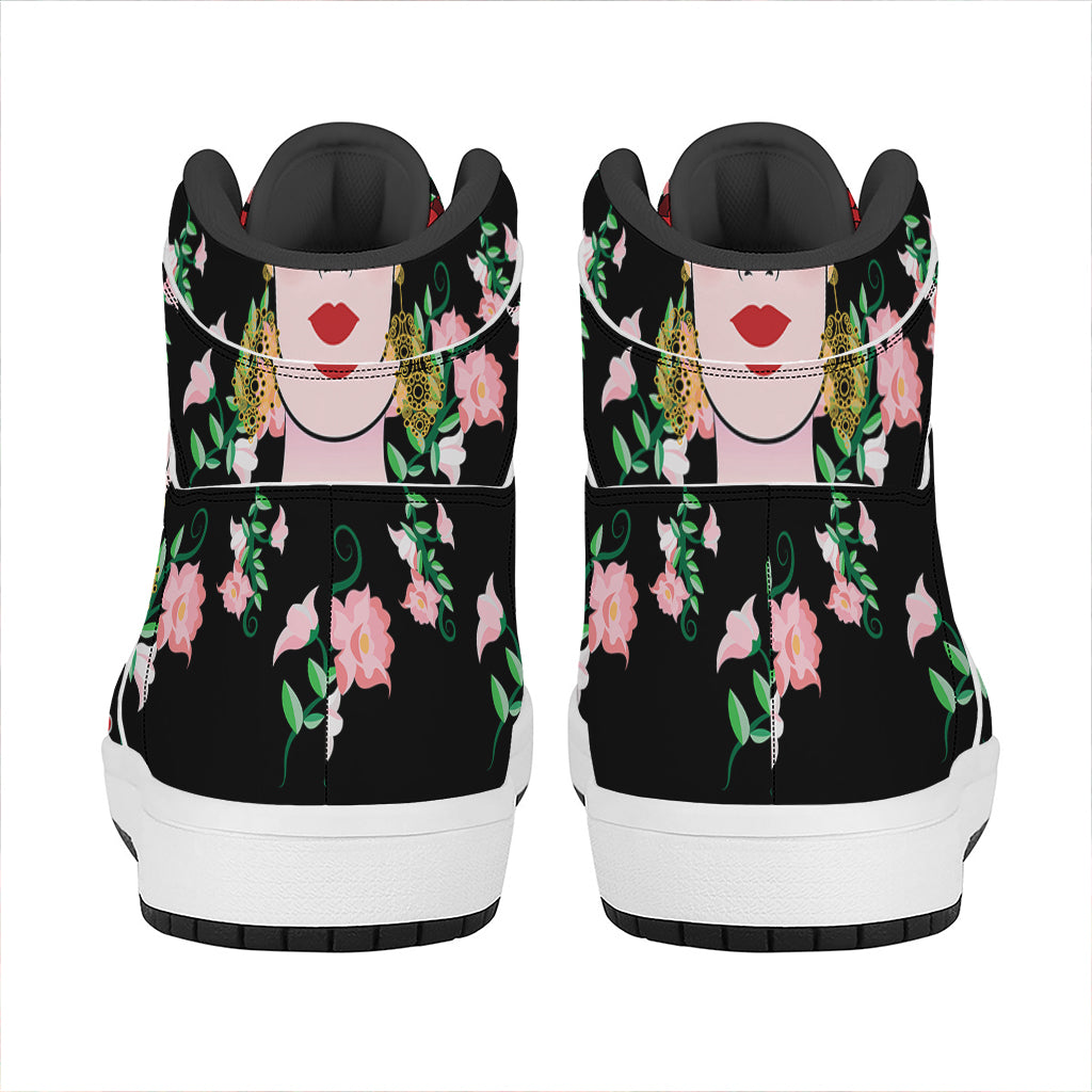 Frida Kahlo And Pink Flower Print High Top Leather Sneakers