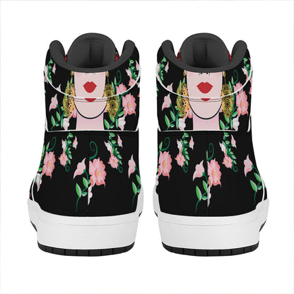 Frida Kahlo And Pink Flower Print High Top Leather Sneakers