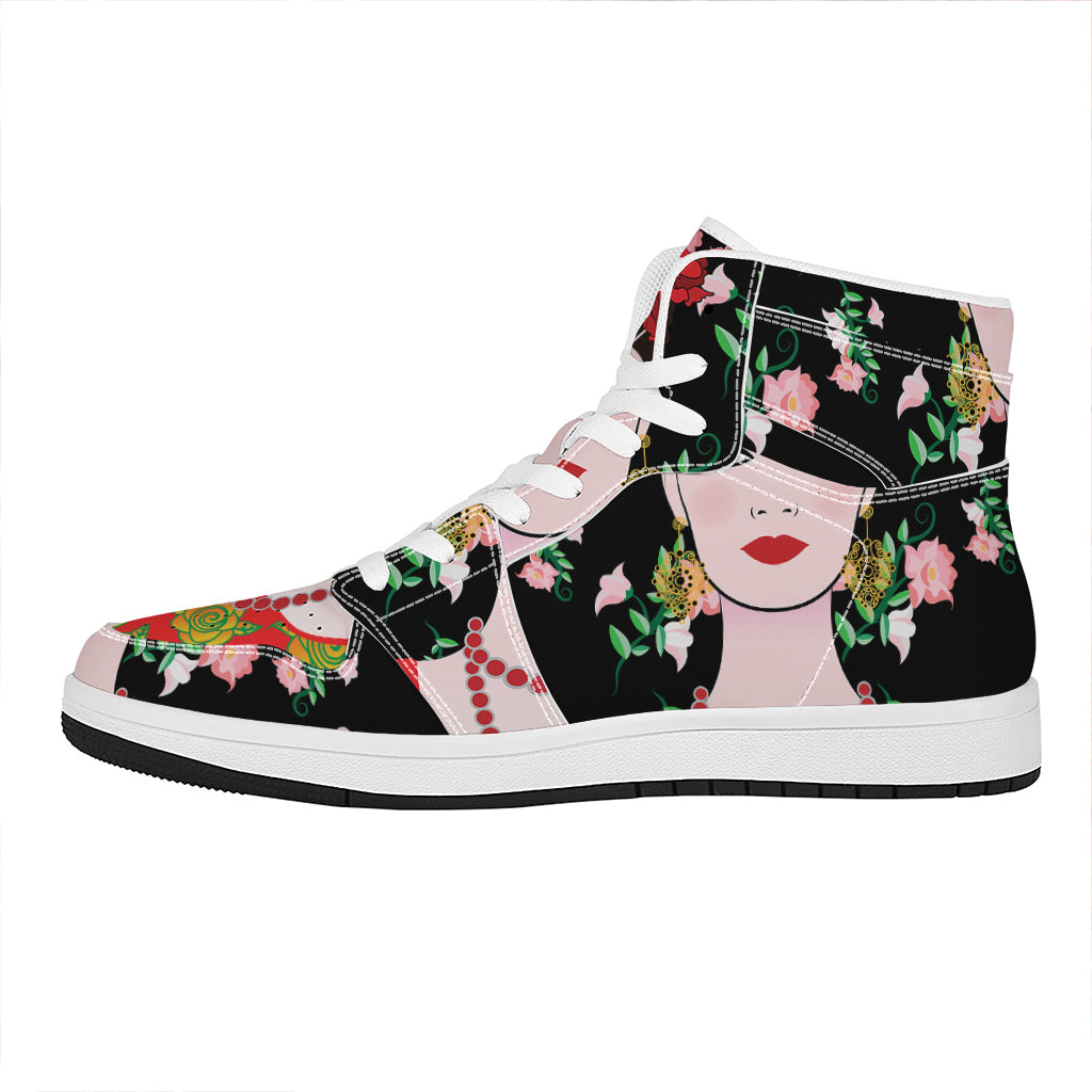Frida Kahlo And Pink Flower Print High Top Leather Sneakers